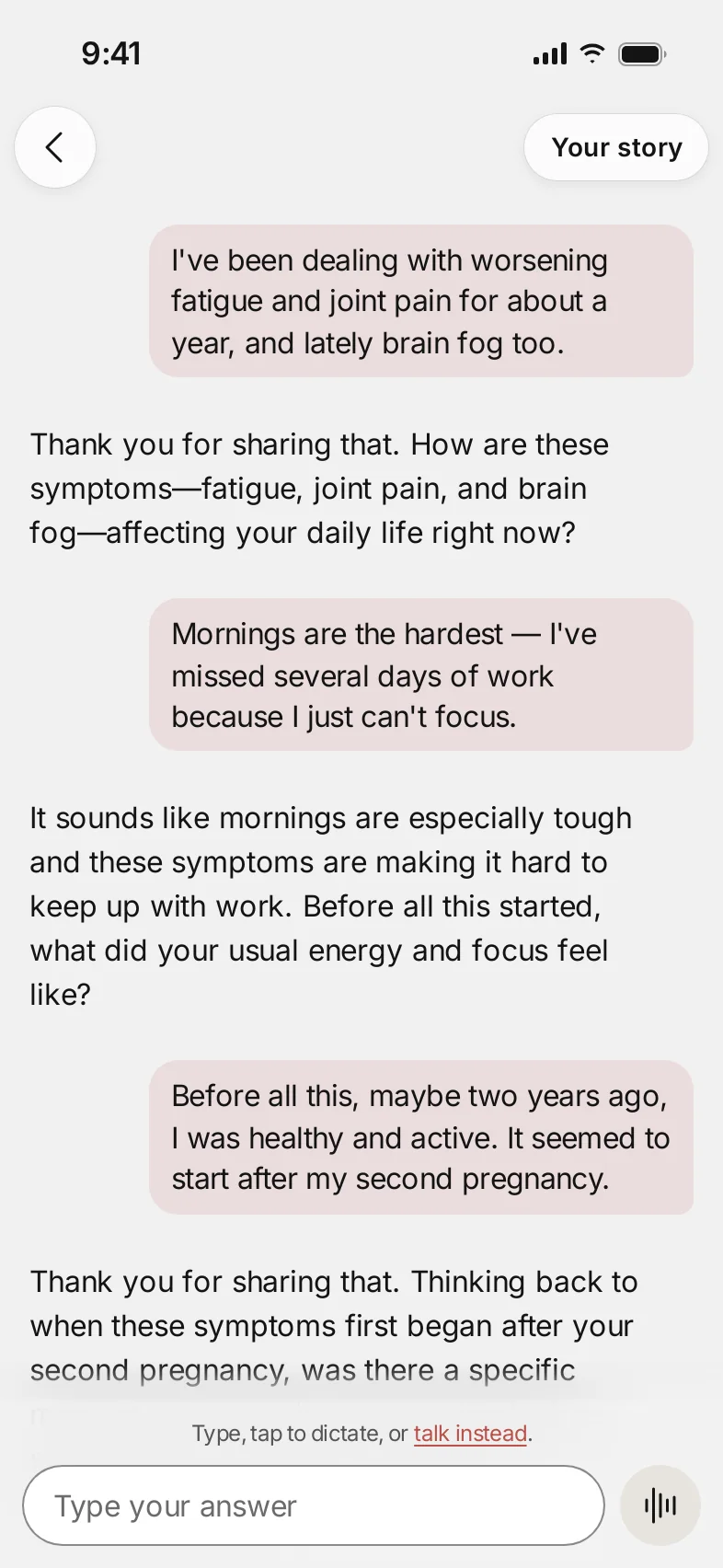 Sanare following up on fatigue, joint pain and brain fog in a guided conversation, one question at a time