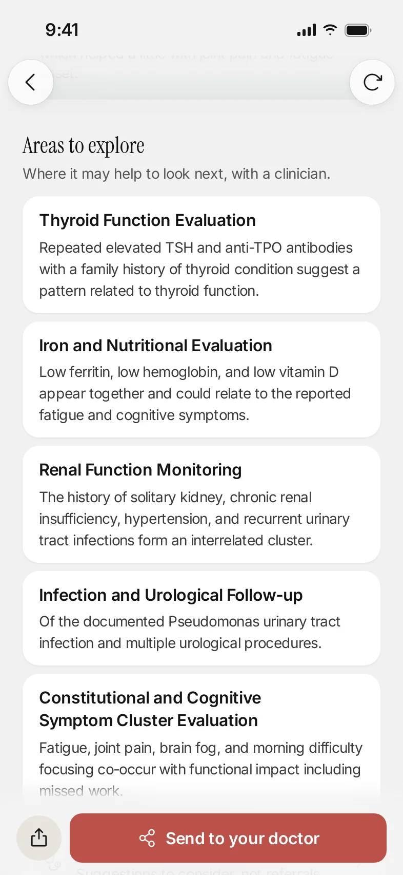 Areas to explore: where it may help to look next with a clinician, each one tied to the facts in your story