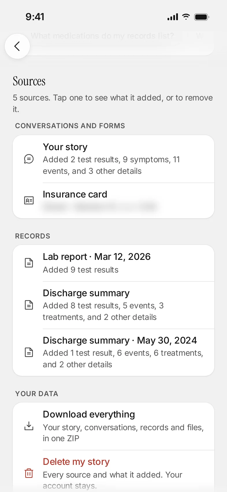 Your data vault sources, then Your data: download everything in one ZIP or delete your story