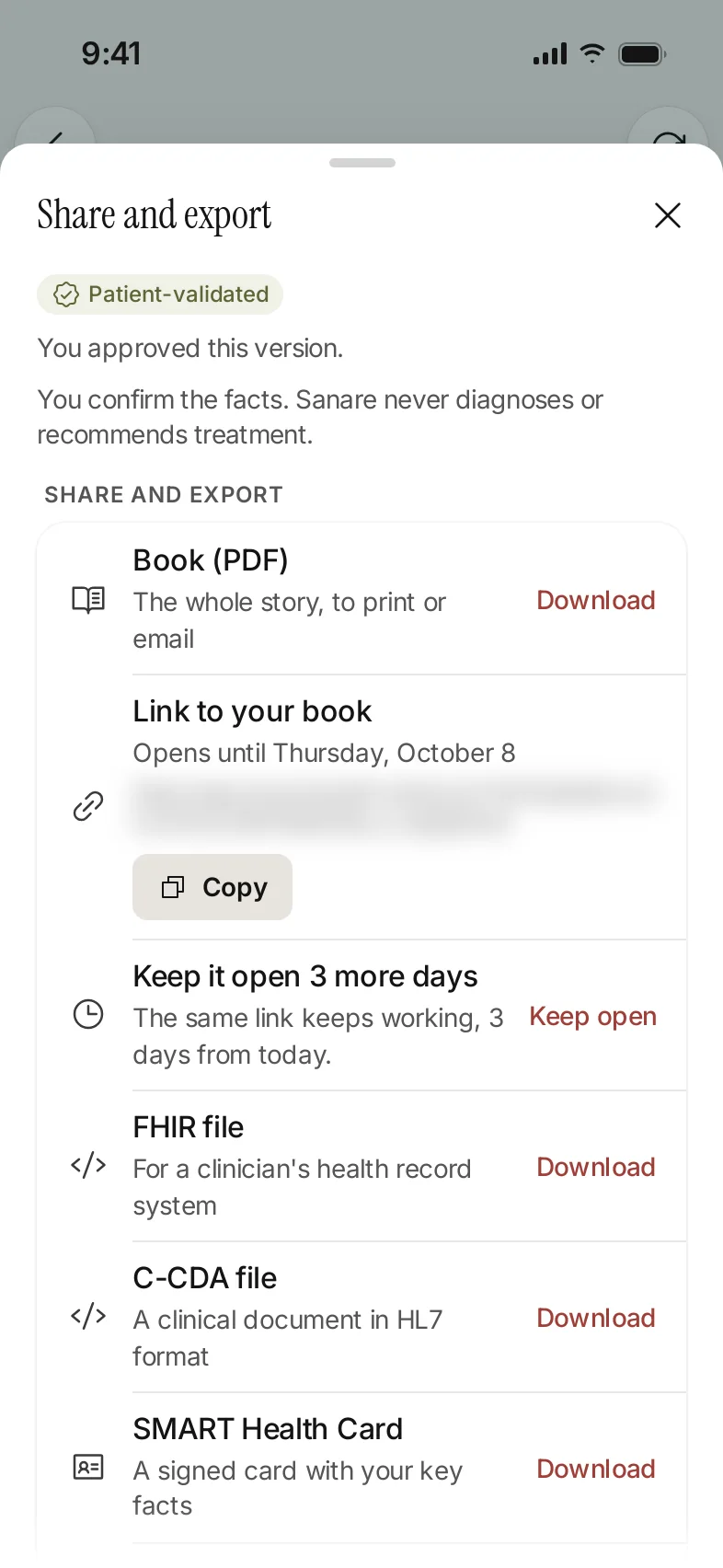 Share and export: your book as a PDF, a link to your book, FHIR, C CDA or a SMART Health Card