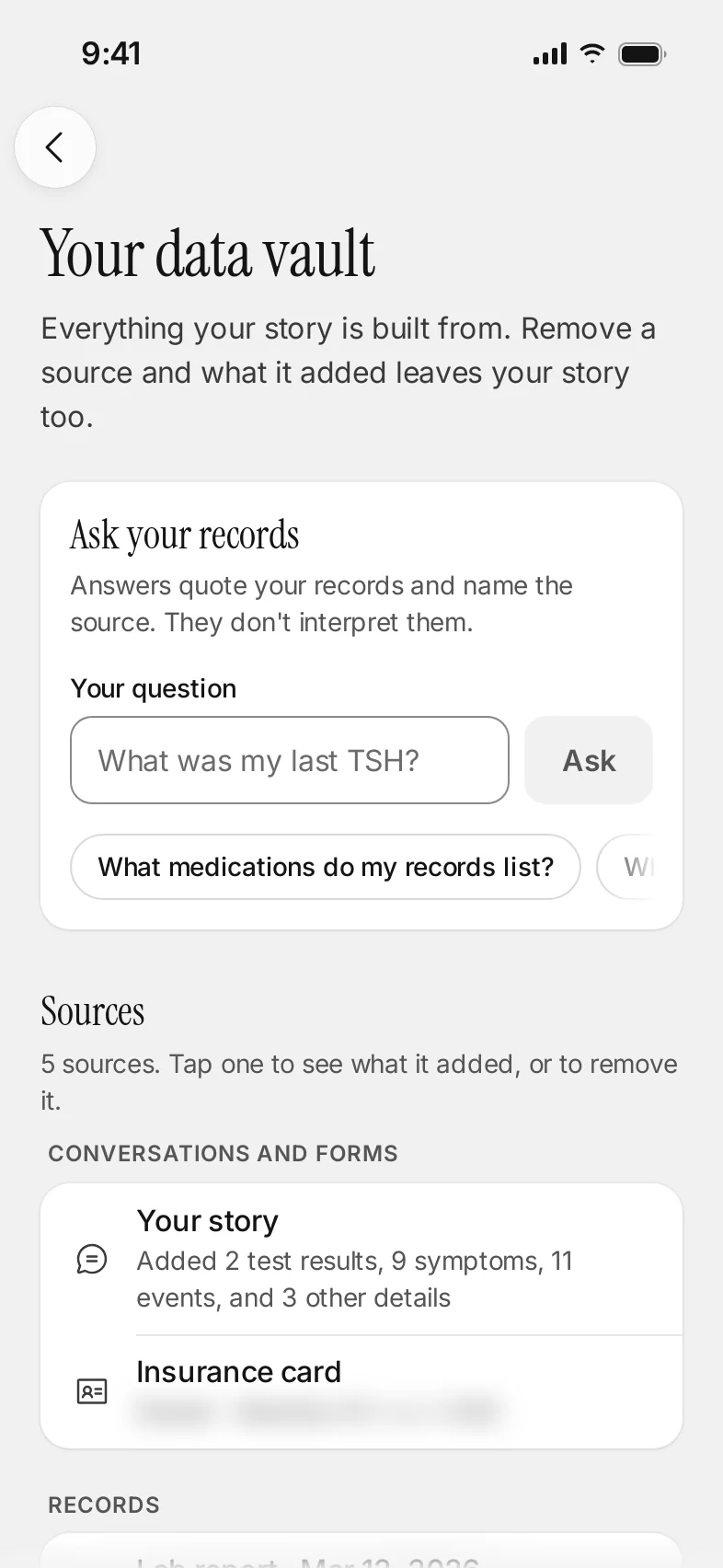 Your data vault: every source your story is built from, with Ask your records to find answers quoted from them